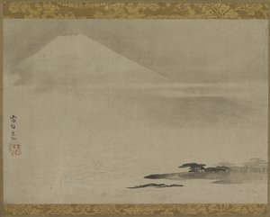 Landschap: Mt. Fuji vanaf de zee, Hangende rol (gemonteerd op paneel), late 17e-begin 18e eeuw